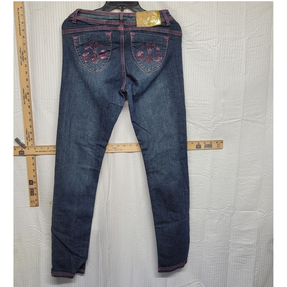 Dereon Dark Wash Pink Stitch Rhinestone Skinny Jeans Womens 7/8 RARE Y2K - Picture 3 of 4